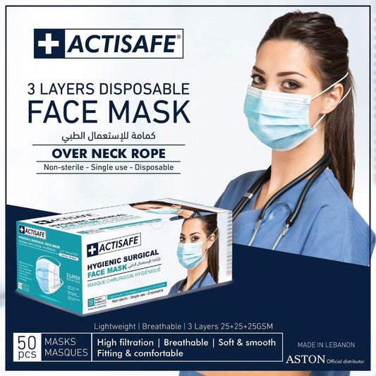 Actisafe 3 layers Face Mask with over neck rope