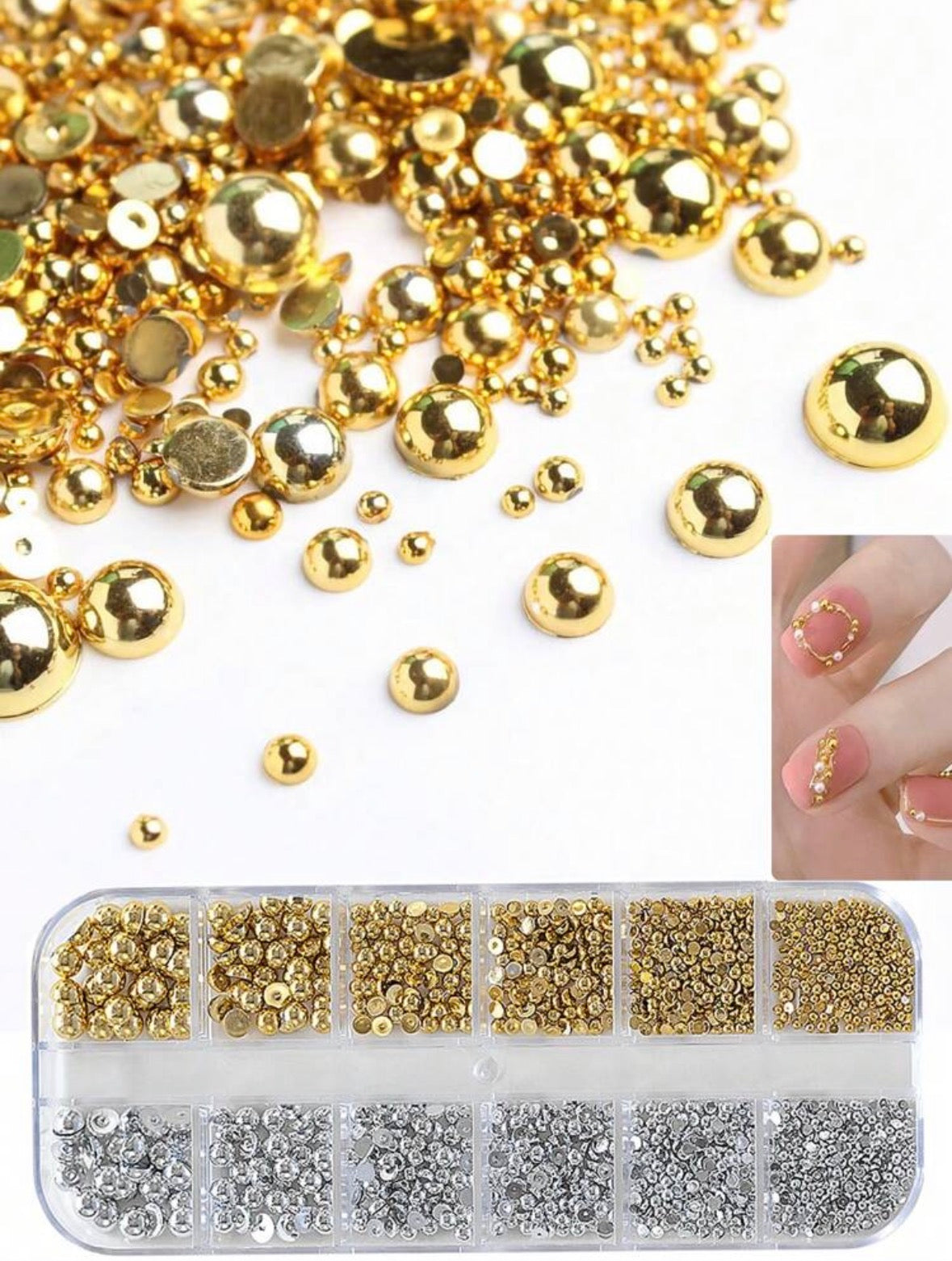 Half Round Gold + Silver Nail Design Rhinestones Mixed Size
