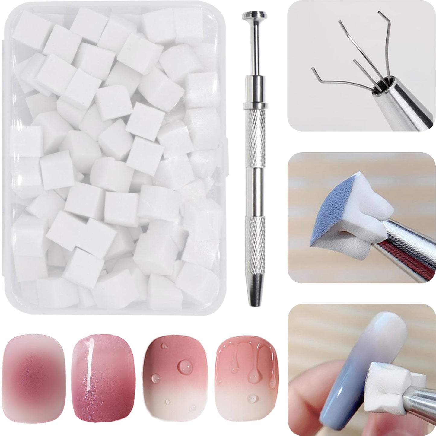100pcs Nail Sponges Bloc for Ombré Nail Art + Metal Gripper Pen