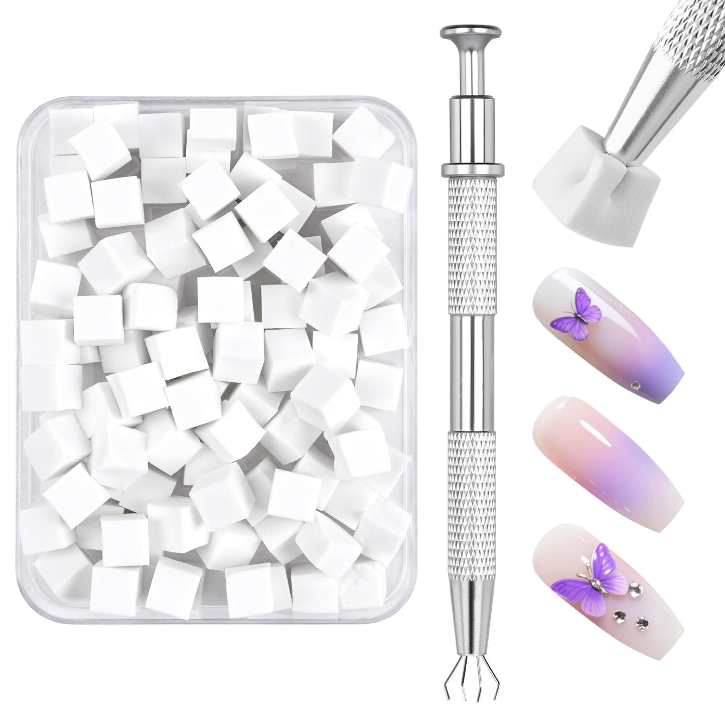100pcs Nail Sponges Bloc for Ombré Nail Art + Metal Gripper Pen